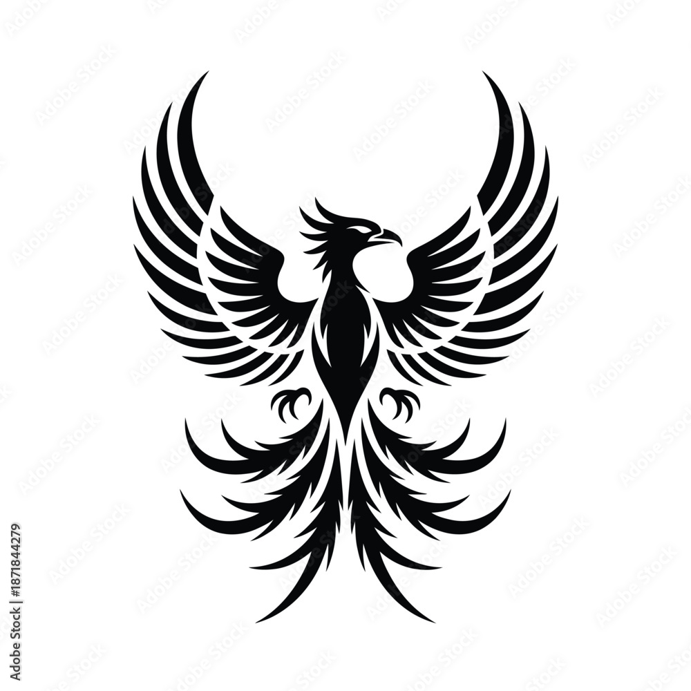 Obraz premium A striking black and white illustration of a phoenix with spread wings
