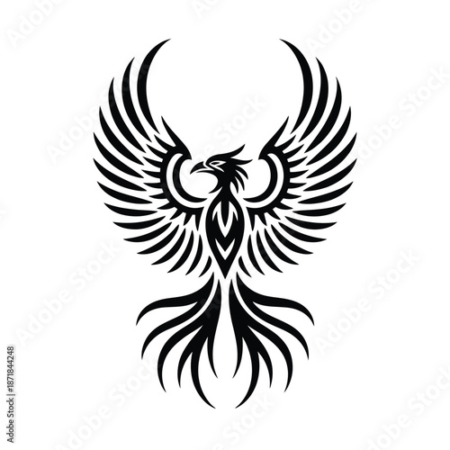A striking black and white illustration of a phoenix with detailed wings