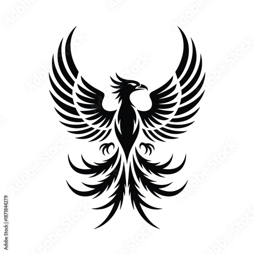 A striking black and white illustration of a phoenix with spread wings