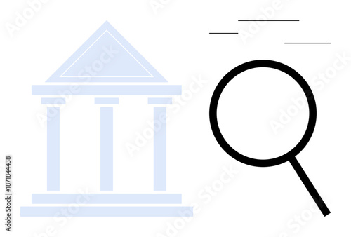 Magnifying glass facing classical building suggesting inquiry in law or academia. Ideal for research, education, justice, transparency, scrutiny, investigation, analysis themes. Simple flat metaphor