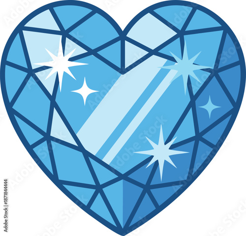 Heart Shaped Blue Sapphire Gemstone Vector Illustration with Sparkling Facets and Bold Outlines
