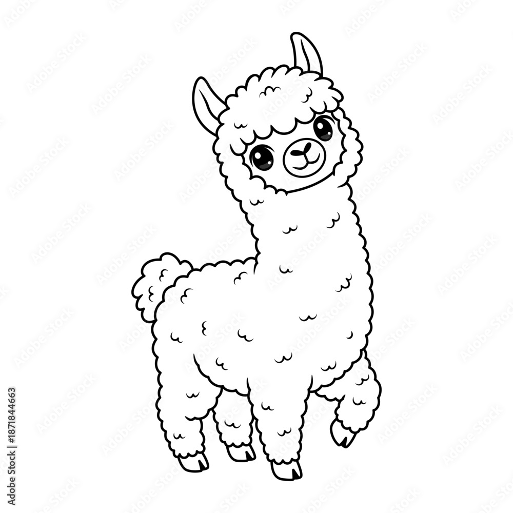 Fototapeta premium Kawaii llama coloring book page, outline cartoon alpaca