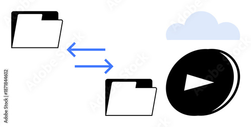 File sharing, cloud storage, media streaming, data transfer, digital organization, remote access. Two folders connected by arrows, play symbol cloud element. File sharing and cloud storage concept