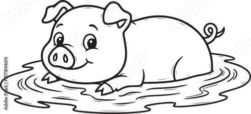 Cartoon pig lying in mud animal dirty