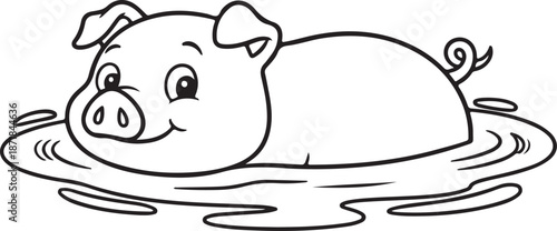 Cartoon pig lying in mud puddle animal