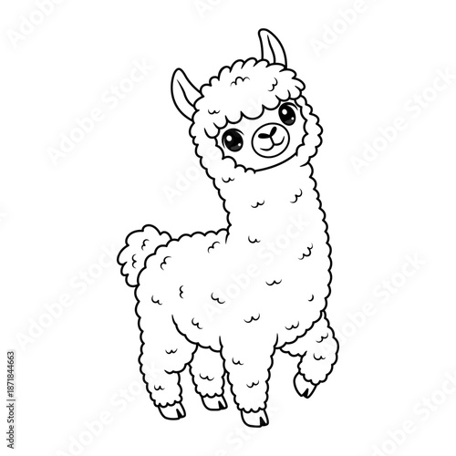 Kawaii llama coloring book page, outline cartoon alpaca