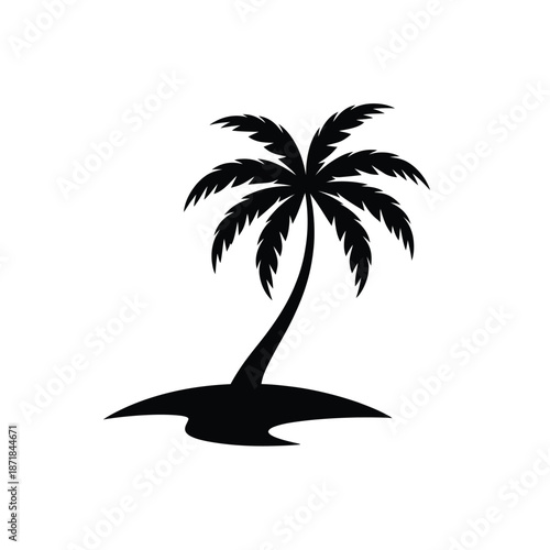 A simple black silhouette of a palm tree on a small island