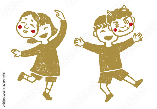 節分を楽しむ男の子と女の子の版画風イラストセット（ベクター）