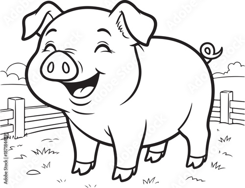 Happy cartoon pig standing in a grassy field animal