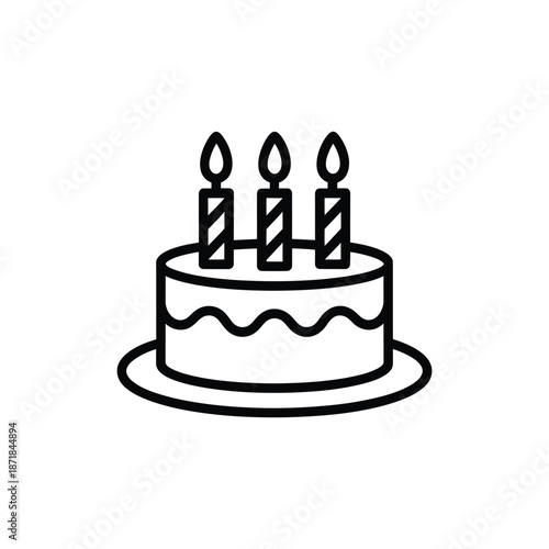 A simple black and white illustration of a birthday cake with candles