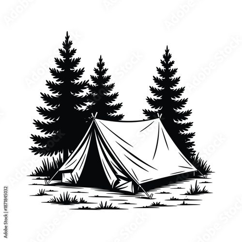 A solitary tent nestled amongst towering evergreen trees in a wilderness scene