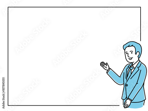 スーツを着て案内する男性シニアスタッフとメッセージフレーム、ベテランの相談員や医療のお知らせイラスト