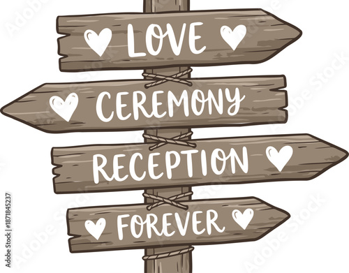 Rustic Wedding Directional Wooden Signpost Illustration with Love Ceremony Reception and Forever Text
