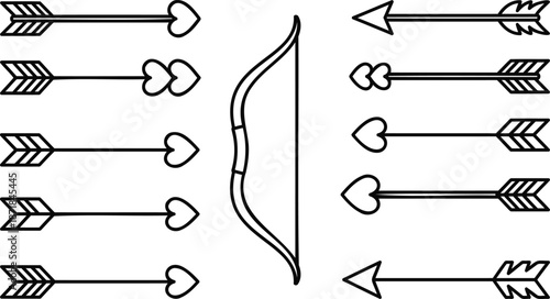 Cupid Bow and Heart Arrow Set Illustration Vector Line Art for Valentine's Day Romantic Designs