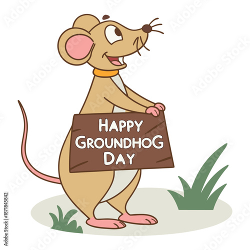 Smiling cartoon groundhog holding Happy Groundhog Day sign outdoors