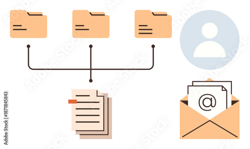 Data organization, workflow, email communication, digital file sharing, information storage, record keeping. File folders, documents user icon and envelope with email symbol. Data organization