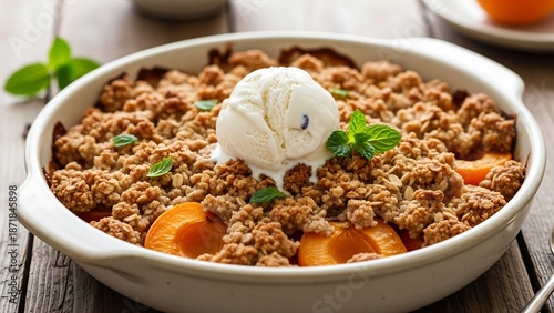 Delicious peach crumble with whipped cream.