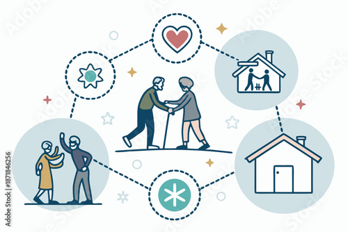 Vector illustration depicting community support and elderly care with interconnected icons representing home housing health and social interaction for seniors