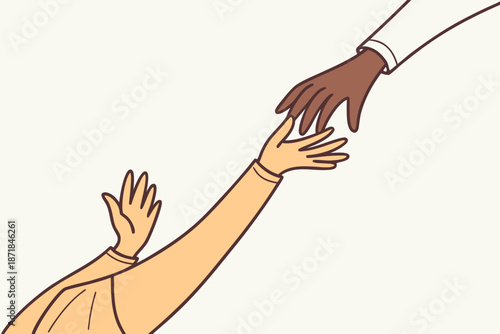 Stylized illustration of two diverse hands reaching out to help each other in a gesture of friendship support and unity against a plain background
