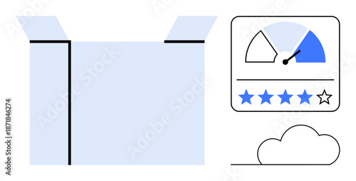 Product packaging. Product packaging concept with a minimalistic open box design, customer rating system, and performance gauge icon. Product packaging for e-commerce, storage, marketing, logistics