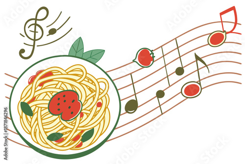 Creative illustration of spaghetti with tomato sauce and basil leaves depicted as musical notes on a staff with a treble clef symbolizing culinary harmony and italian