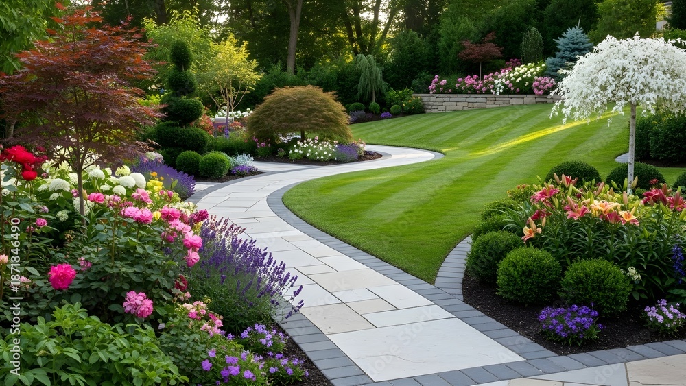Obraz premium Landscaped garden pathway and flowerbeds