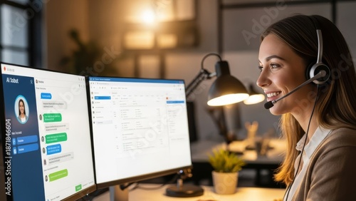 Woman Working on Computer with Headset.