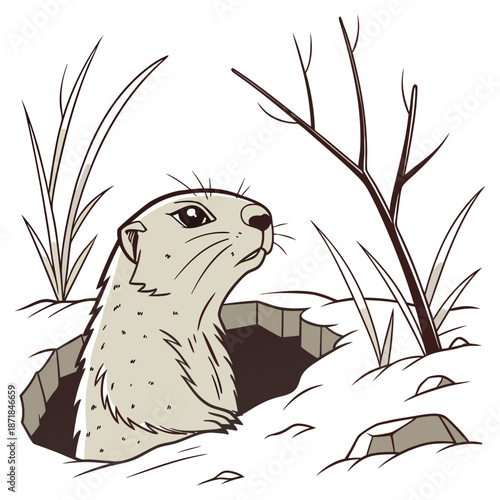 Cautious groundhog peeking out of snowy burrow in winter landscape