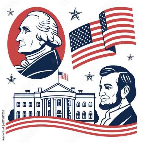 Patriotic illustration of George Washington and Abraham Lincoln with White House and American flags