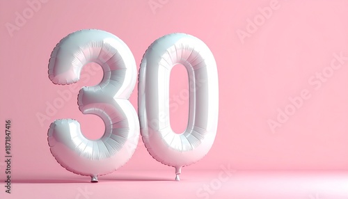 Shiny white balloon number thirty on a pastel pink studio background for a thirtieth birthday or wedding anniversary greeting card with ample blank copy space perfect any project