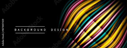 Abstract colorful lines form dynamic wave pattern. Black background enhances vibrant design elements. Modern aesthetic.