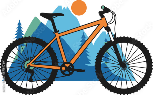 Vibrant orange mountain bike illustration against blue mountains, green trees, and a radiant sun, capturing the spirit of outdoor adventure and active exploration