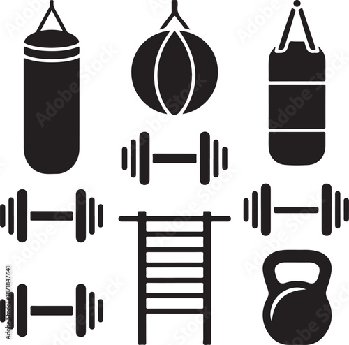 Vector illustration of fitness gym equipment set, punching bag, dumbbell, barbell, kettlebell, wall ladder, silhouette icons, exercise training symbol, flat graphic tools, sports health CAD drawing