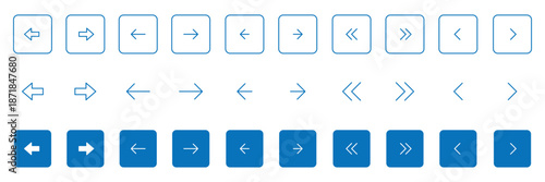 Square arrow icons set. Blue square arrow buttons icon set. Website slider navigation symbols. Next and previous rounded buttons for app. Blue square arrow buttons isolated and outline symbol.
