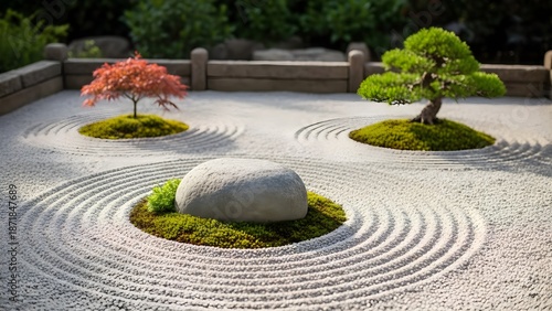 Zen garden with miniature trees and raked sand