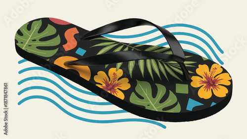 A stylized illustration of a black flip-flop with tropical elements (2)_traced
