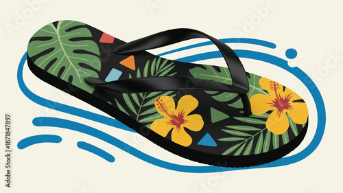 A stylized illustration of a black flip-flop with tropical elements (1)_traced