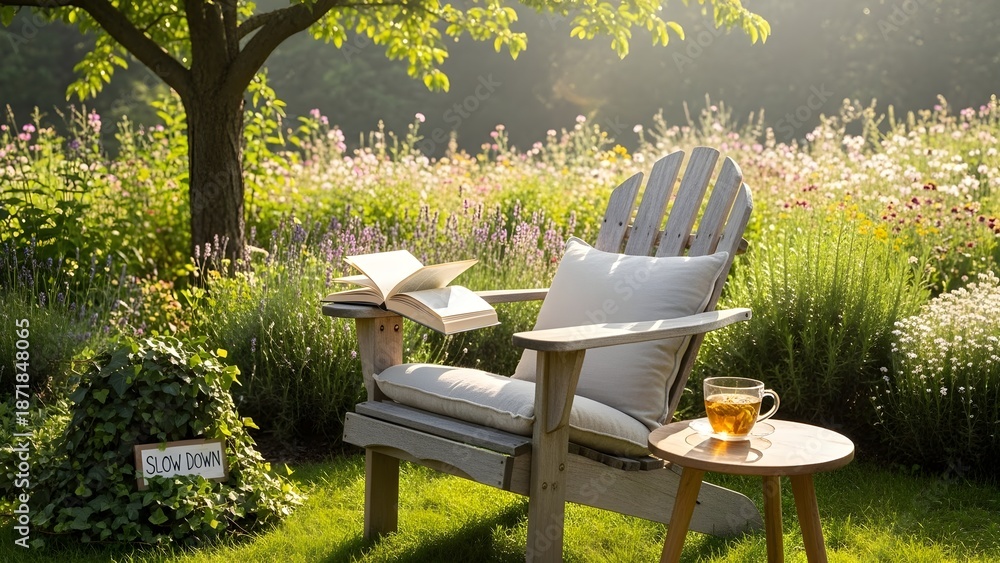 Fototapeta premium Chair book drink garden nature scene