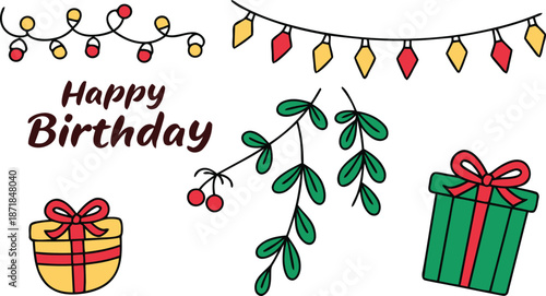 Happy Birthday Celebration Elements Gift Boxes, Garland Lights, and Greenery on White Background