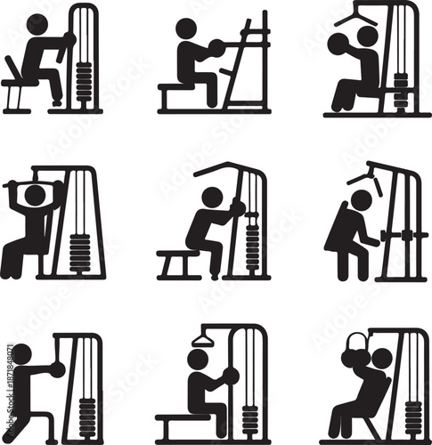 Diverse Vector Illustrations of Men and Women Performing Weightlifting, Cardio, and Bodyweight Exercises for Fitness and Health.