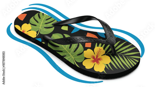 A stylized illustration of a black flip-flop with tropical elements (3)_traced