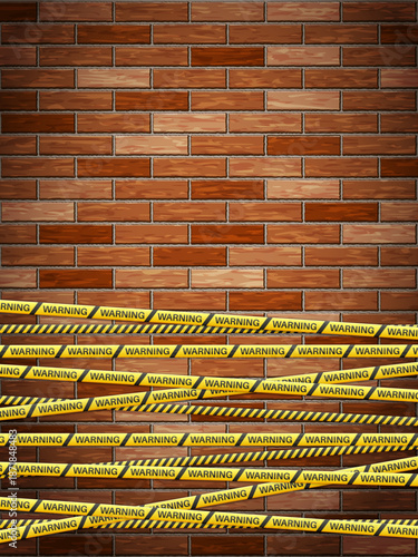 Warning tape on bricks background. Vector illustration.