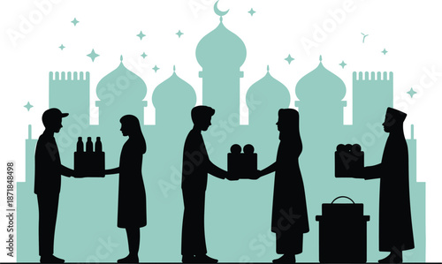 Ramadan Charity and Food Donation Silhouette Vector, Muslim Community Sharing and Islamic Giving Illustration