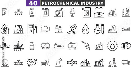 Petrochemical Industry Icons Set, Crude Oil Refinery and Gas Fuel Production Vector Collection