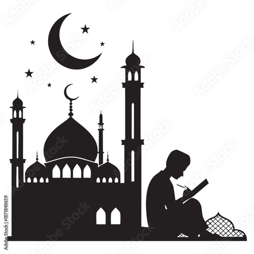 Man reading in front of mosque under crescent moon and stars