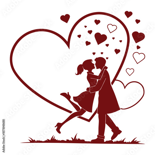 Romantic couple kissing with heart symbols around them