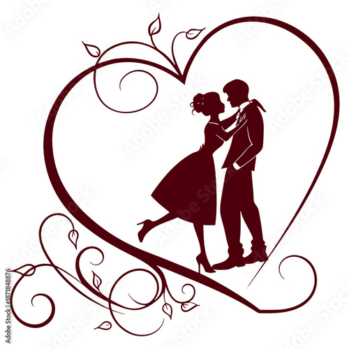 Romantic couple embracing in heart shape with floral design