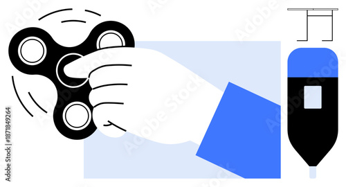 Stress relief, focus tools, productivity, 3D printing, modern tech, engineering innovation. A hand spinning a fidget spinner next to a 3D printer nozzle. Stress relief and focus tools concept