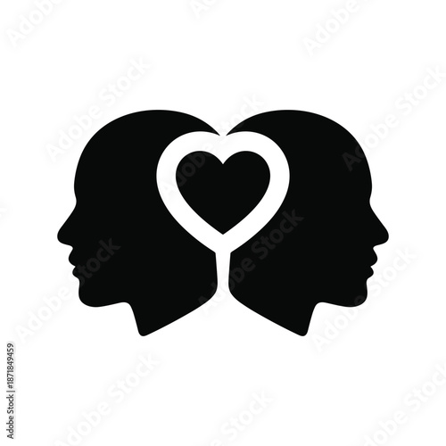 Dual Human Head with Heart Connection Icon Emotional Intelligence Relationship Psychology Concept Vector