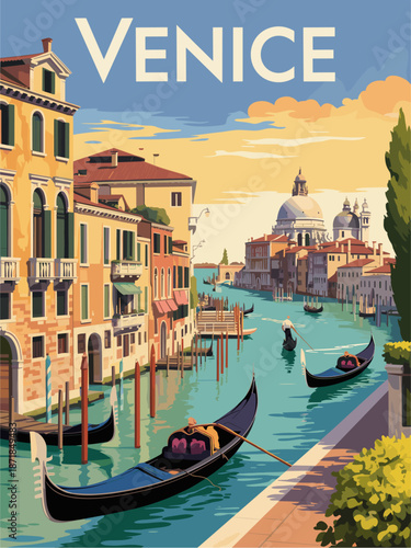 Retro travel poster of Venice Grand Canal with gondolas pastel buildings arched bridges warm sunset colors and mid century style typography.
